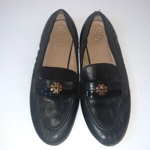 Tory Burch Loafers Women Size 8 Black Good Leather Gold Logo Flats Slip On